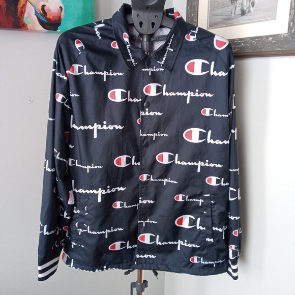 Champion all over spellout lined Satin Coaches Jacket Size Large - Picture 1 of 10